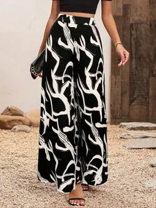 Women's Colorblock Print High Waist Wide Leg Casual Streetwear Pants, Elegant Fashion for Daily Outdoor Wear, Women's Bottoms for Spring & Fall