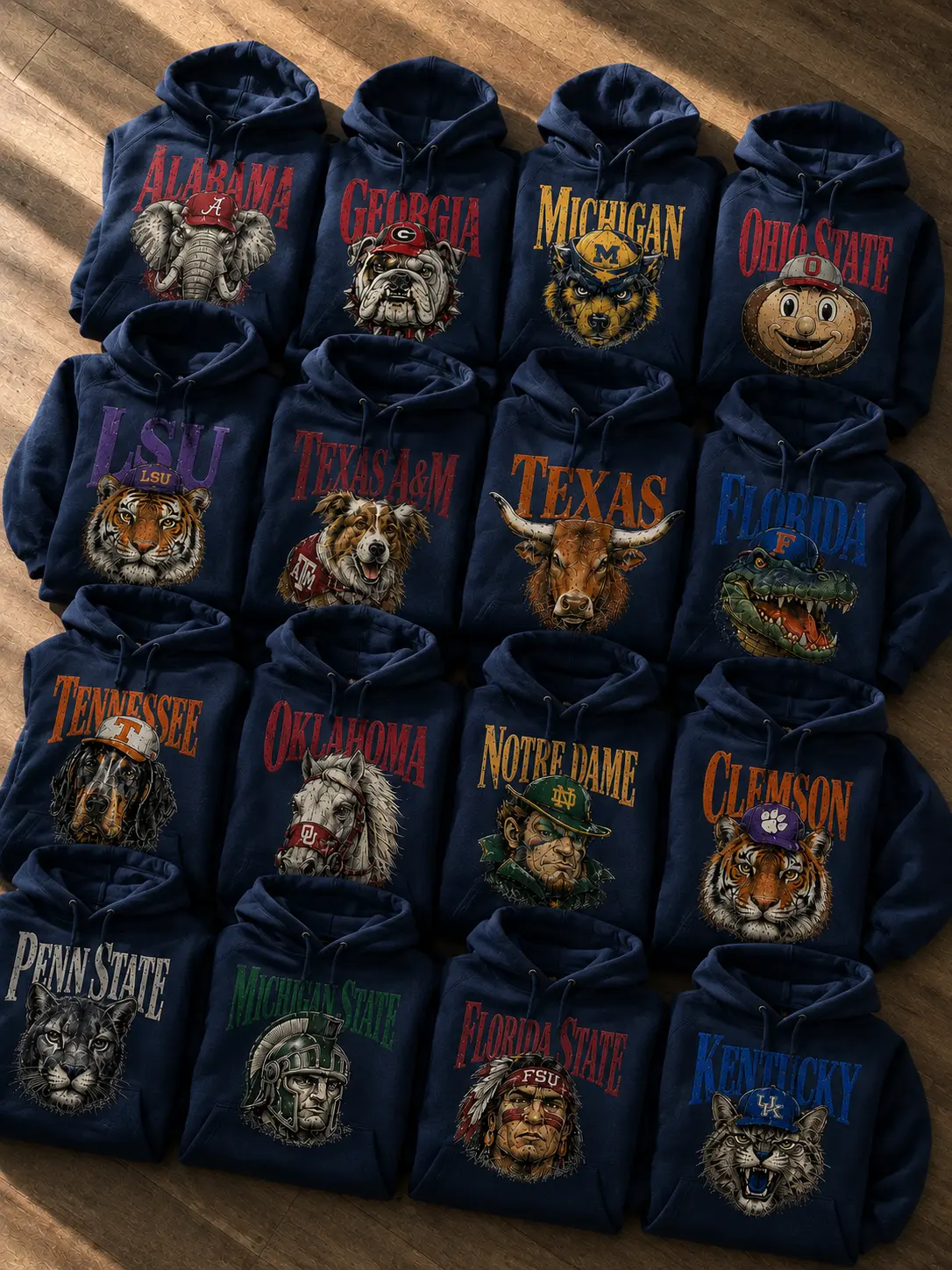 Vintage College Mascot Hoodie, Retro University Football Graphic Pullover, Navy Color Collegiate Team Hoodie, Distressed Varsity Mascot Sweatshirt, Game Day Fan Apparel, Unisex Campus Gift