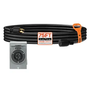 VEVOR 30 Amp Generator Cord and Power Inlet Box, 75 FT, 125/250V NEMA L14-30P to L14-30R Heavy Duty Extension Power Cord, SJTW 10 Gauge 7500W, Pre-Drilled Inlet Box, for Generator to House, ETL Listed