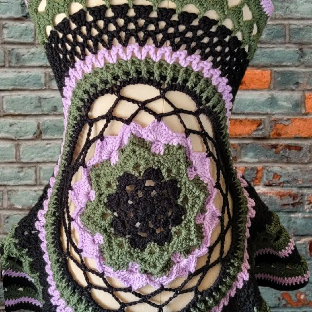 Mandala Spring Vest - Handcrafted Crochet with Green Purple and Black Patterns for Stylish Comfort