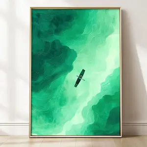 Minimal Boat Poster, Abstract Water Wall Art Print, Japanese Inspired Ocean Landscape, Zen Green Aesthetic Decor | Unframed O