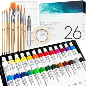 Watercolor  Set - 62 count Kit - Video Tutorial Course - For Adults, Beginner & Professional Artists - 26 Tubes (12ml), Sketch Pad, 8 Painting Brushes, Aquapen, , Masking Tape