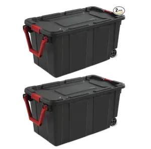 Sterilite 40 Gal Wheeled Industrial Tote, Stackable Storage Bin with Latch Lid, Plastic Container with Heavy Duty Latches, Black Base and Lid, 2-Pack