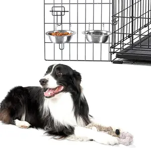 Set of 2 Stainless-Steel Dog Bowls - Cage, Kennel, and Crate Hanging Pet Bowls for Food and Water - 8oz Each and Dishwasher Safe by PETMAKER, Silver
