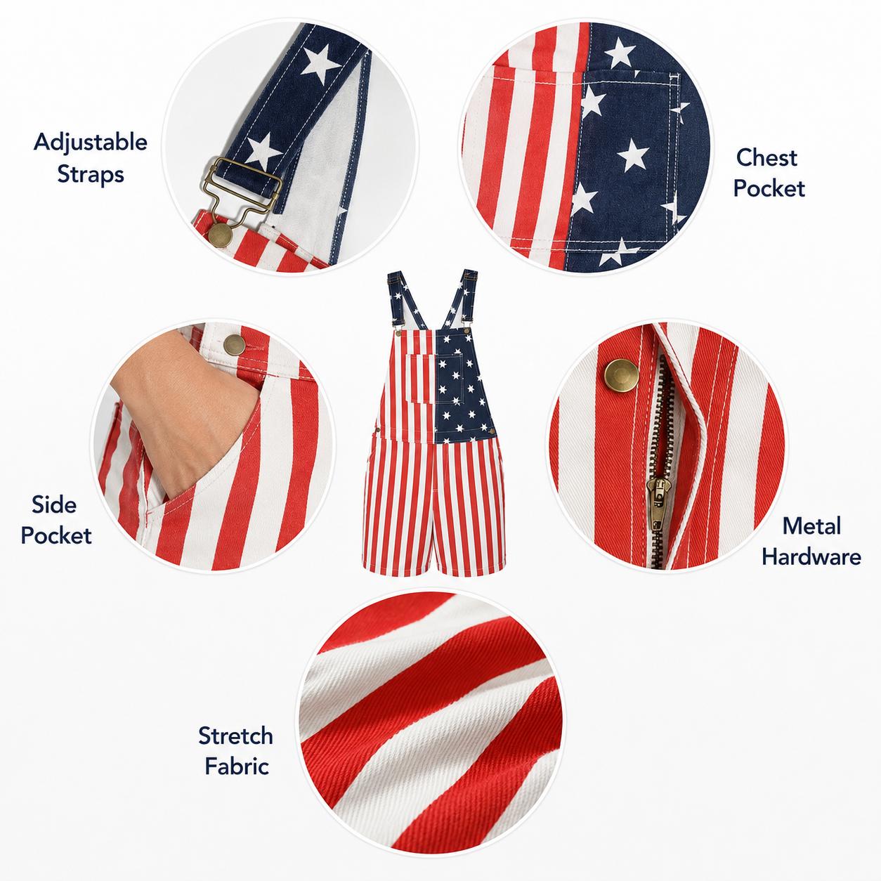 Unisex American Flag Short Overalls, 4th of July Patriotic Denim Romper, Summer Independence Day Party Outfit