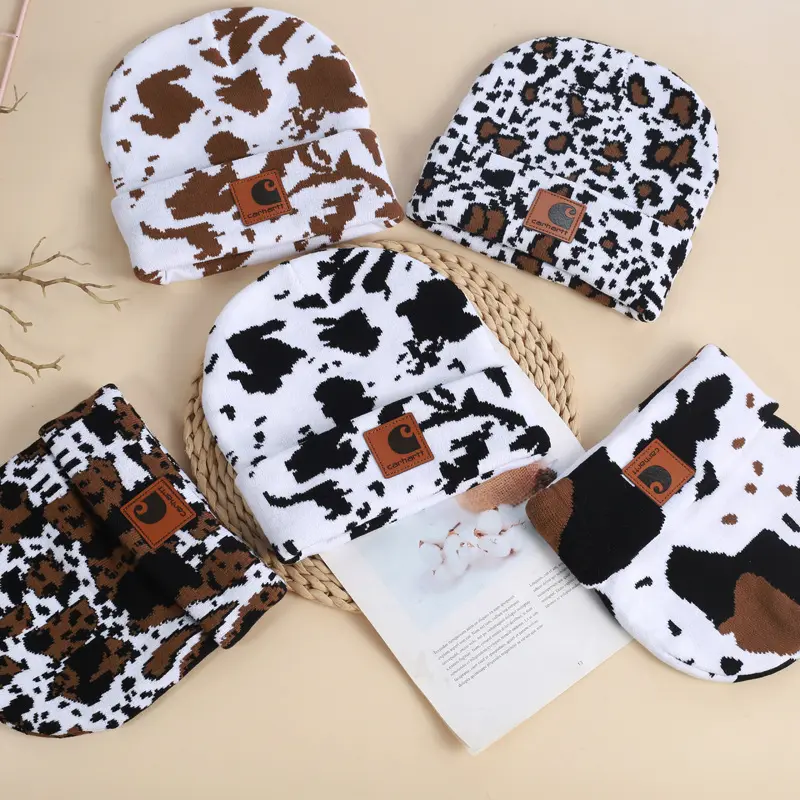 Carhartt Cap Cow Print Beanie Hats for Men Women, Cow Pttern Knit Hat Animal Print Beanies Winter Stretch Knitted Beanie
