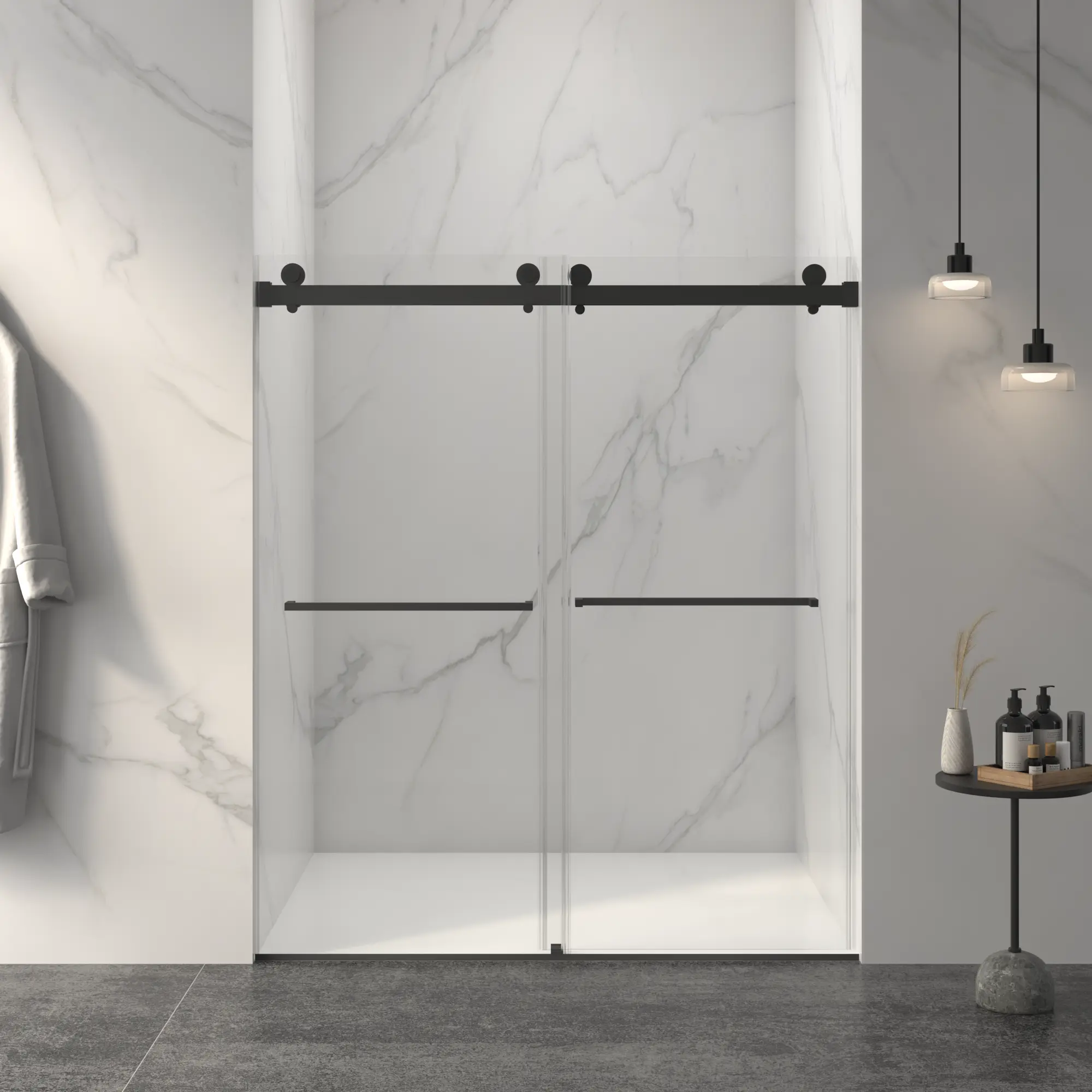 56-60" W x 70" H Frameless Double Sliding Shower Door, 5/16" (8mm) Thick SGCC Tempered Clear Glass with Double-Sided Easy Clean Coating, Matte Black Finish with Soft Closing Buffer, Adjustable Width Sliding Bathroom Door