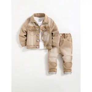 Toddler/Baby Boy 2pcs/Set Distressed Casual Khaki Lapel Long Sleeve Jacket & Cuffed Stretch Skinny Jeans Set,And Versatile Baby Streetwear Outfits