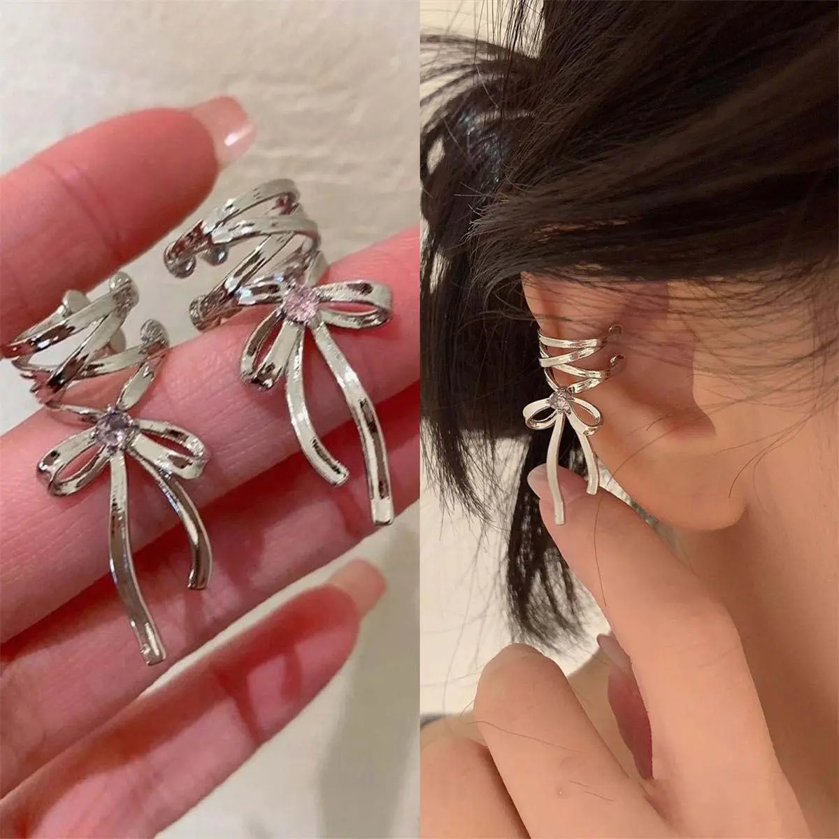 Zircon bow ear clip ballet ear bone clip no piercing girls earrings daily wear gift y2k style
