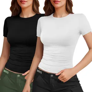 2-Pack Solid Color Women's Basic Short Sleeve Slim Fit Crew Neck T-Shirts, Summer Y2K Sexy Crop Tops