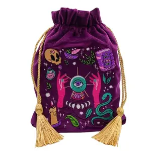Velvet Tarot Card Pouch Drawstring Bag for Tarot Deck Storage Magic Purple Moon Star Bag with Gold Tassel Drawstrings 6.6 x 9 inches