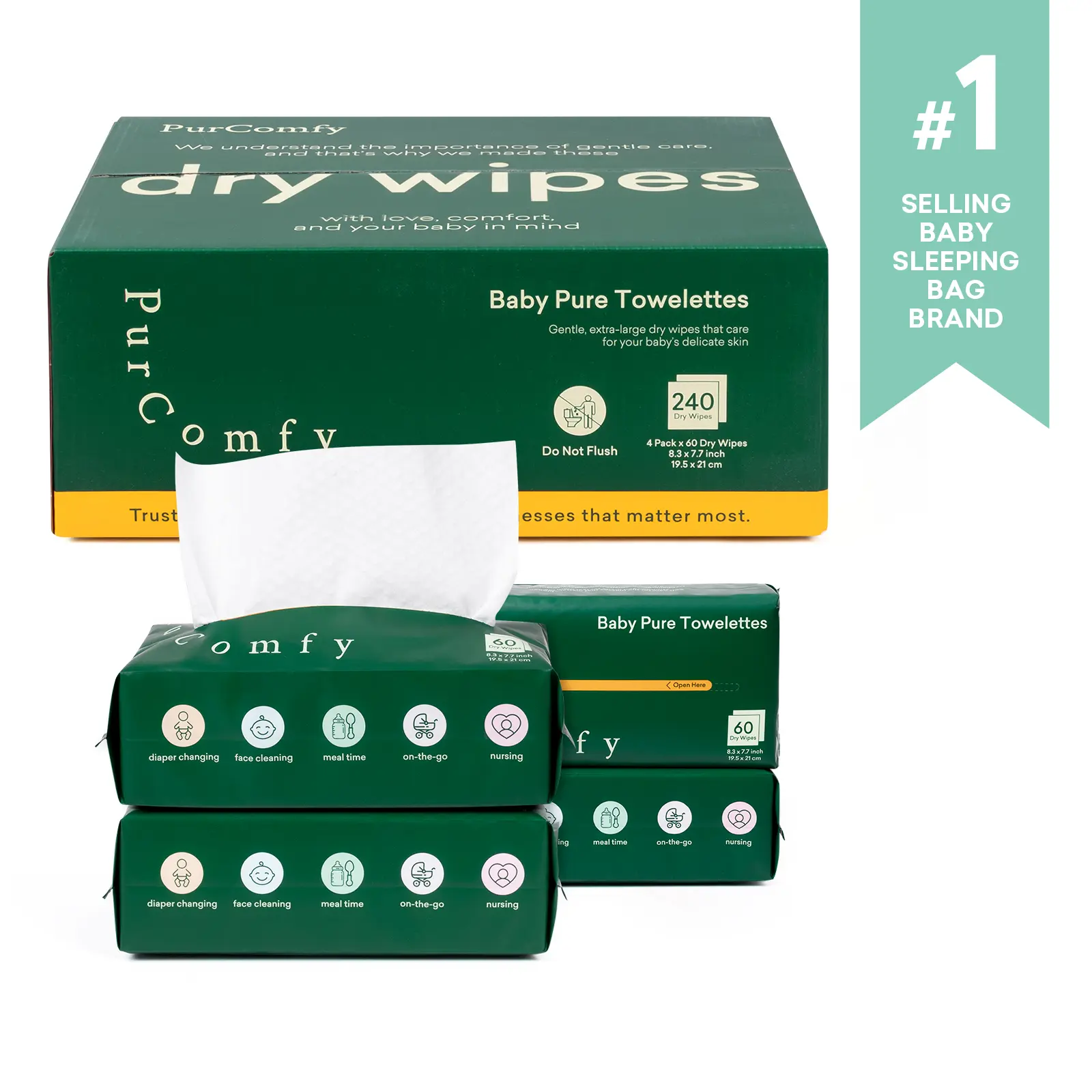 PurComfy Baby Dry Wipes for Newborn, 4 Pack Plant-Based & Hypoallergenic Disposable Cloths for Baby Diaper Changes, Meal Time & Runny Noses, Use Wet or Dry, Total 240 Count