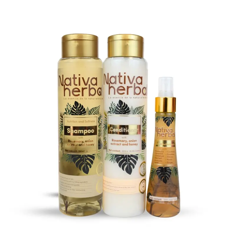 Nativa Herbal Anticaida Anti-Hair Loss Kit - Shampoo Conditioner & Tonic with Rosemary Onion Extract and Honey for Hair Care Haircare Comfort The Wash Day Set