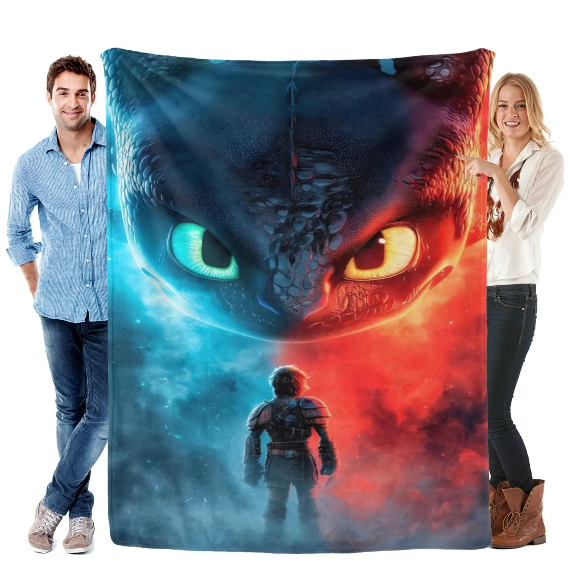 Dual Tone Ice Fire Toothless Flannel Blanket, How To Train Your Dragon Hiccup & Night Fury Dramatic Graphic Warm Lightweight All-Year Throw for Indoor Bed Couch & Outdoor Travel, Epic Fantasy Movie Decor, Heartfelt Holiday Present for Dragon Lovers