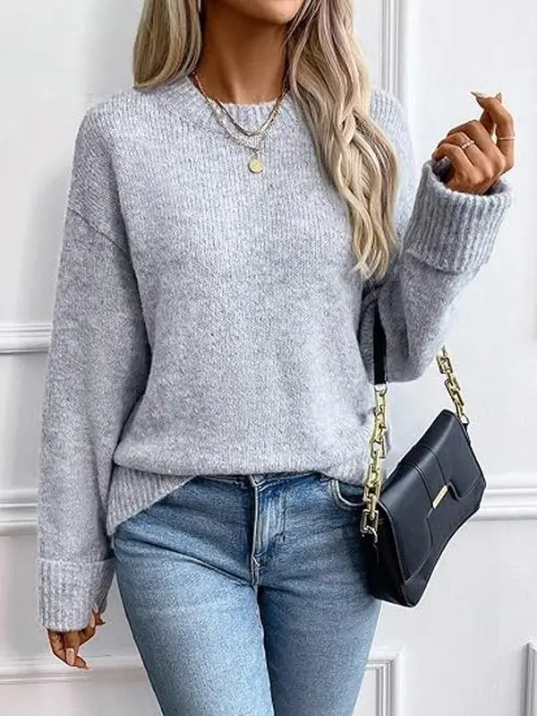 USEEN Women's 2026 New Essential Long-Sleeve Knit Top - Chic Minimalist, Loose-Fit, Round-Neck, Drop-Shoulder Solid Clothes for Casual Daily, Outdoor Occasions, Knitwear, Tops