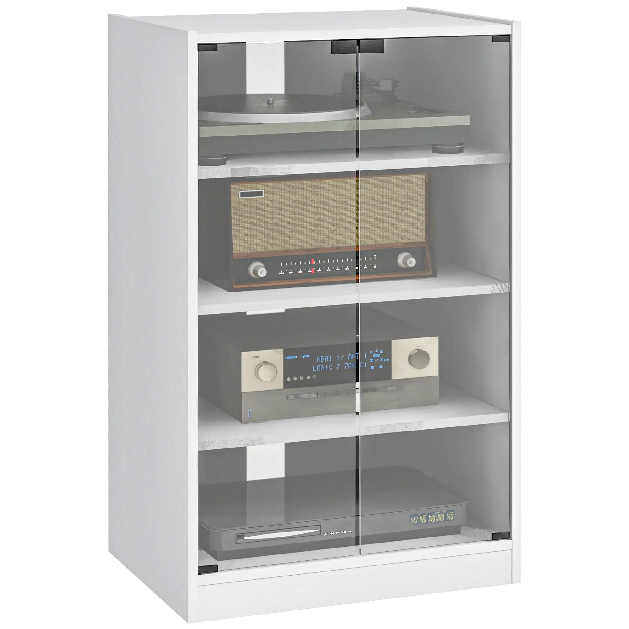 HOMCOM Media Cabinet, 4-Tier Stereo Cabinet, Record Player Stand with Vinyl Record Storage, Adjustable Shelves, Tempered Glass Doors and Cable Management, Distressed White