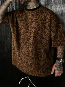 Leopard Print Oversized Baggy T Shirt Men, Y2K Streetwear Animal Print Crew Neck Tee, Retro Brown Edgy Casual Short Sleeve Top, Summer Outfit for Streetwear, Daily Wear, Party #springsaledeals2026 #summeroutfits #tiktokshopmademebuyit #menfashion
