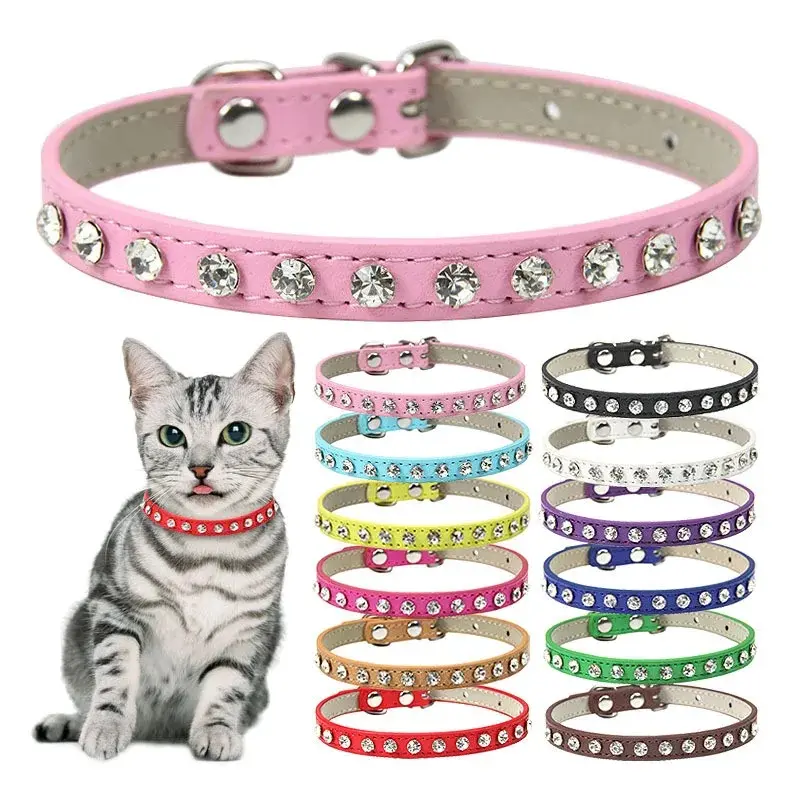 Colorful PU Leather Rhinestone Cat Collar, Shiny Diamond Sparkling Pet Collar for Cats and Small Dogs