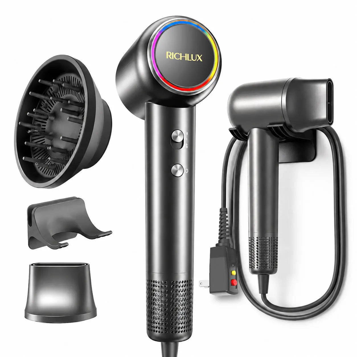 RICHLUX Ionic Hair Dryer with Wall Mount - Lightweight Smooth Diffuser Hair Dryer for Home Use, Magnetic Nozzle, 3 Heat Levels, Low Noise, Ergo Handle