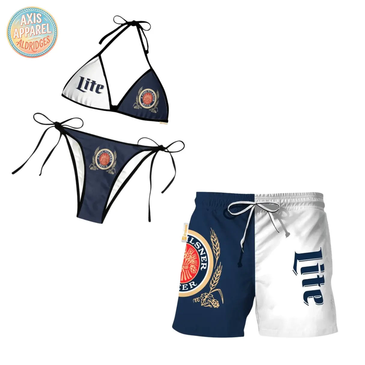 Lite Beer Navy White Pilsner Print Bikini and Swim Trunks Matching Couple Set, Full Print String Halter Top Side Tie Bottom, Quick Dry Lightweight Beach Shorts, Summer Pool Party Outfit, Gift for Men Women, Outdoor Activities