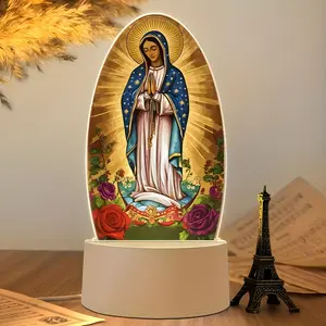 Guadalupe Virgin Night Light, Decorative Night Light, USB Powered Acrylic Round Table Lamp, Floral Praying Mary Design, Cozy Bedroom Decor, Home Office Gift, Flower Design Lamp, Nightlight For Bedroom