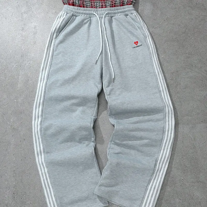 Men's Baggy Sweatpants High Waisted with Plaid Waistband, Trendy Wide Leg Lounge Pants, Casual Streetwear Joggers with Side Stripes, Athleisure Style Bottoms, Knit Athletic Pants, Casual Sporty Pants, Casual Sportswear Pants, Knitted Sports Pants