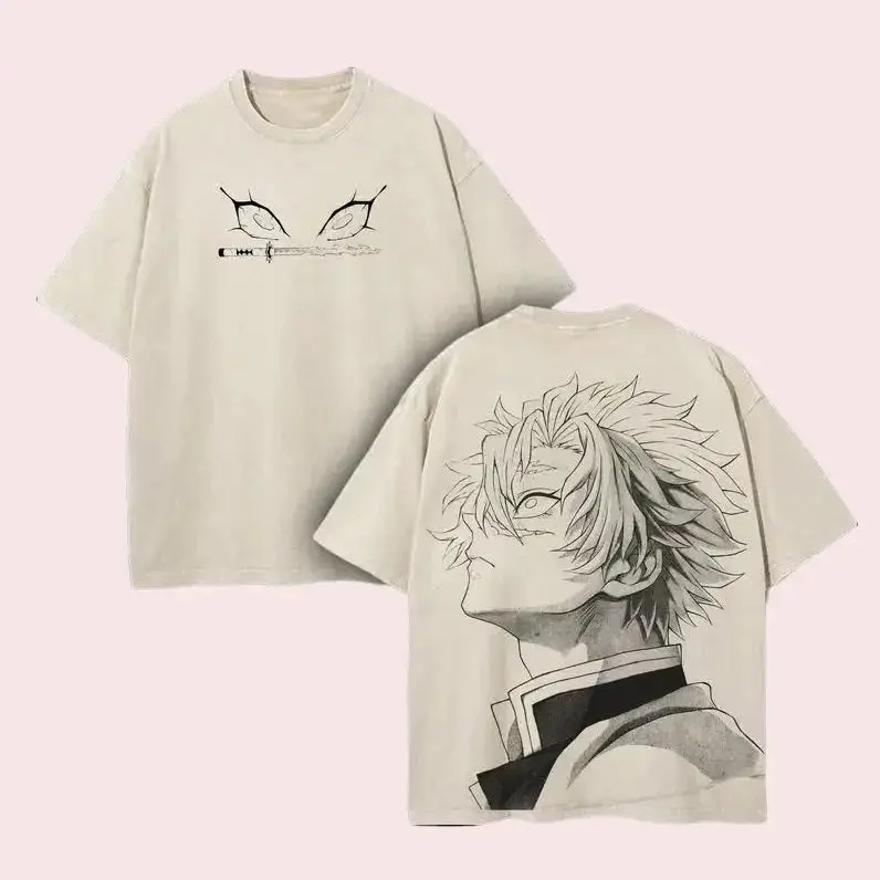 Sanemi Shinazugawa - Demon Slayer Anime Double Printed Vintage Washed Unisex Oversize Anime Manga Washed Heavyweight Cotton T-shirt, gifts For Anime Fan, Anime Lover