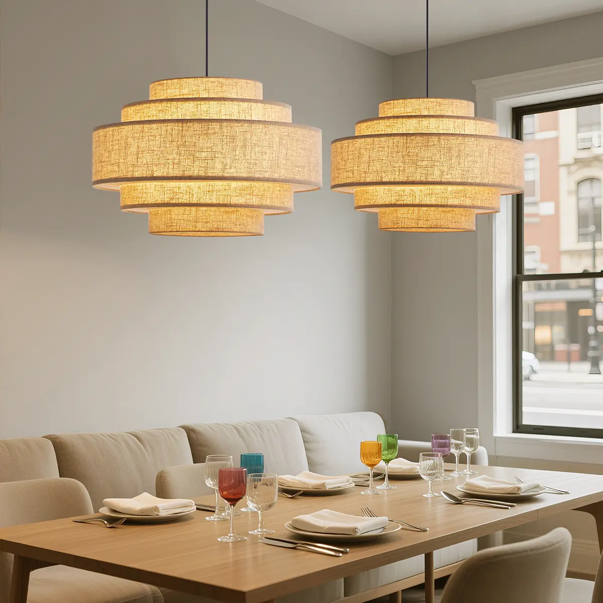 Boho 5-Tier Linen Drum Pendant Light, 18" 3-Light Dimmable Chandelier for Any Room