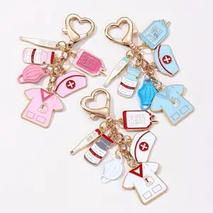 1 Pc Nurse-Themed Charm Keychain, Epoxy Enamel Alloy, Medical Hat, Thermometer, IV Bag, Face Mask, Scrubs, Heart Clasp, For Nurses And DoctorsGift