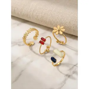 4pc Elegant Light Luxury Red Cubic Zirconia Stainless Steel Girls' Open Ring Gold Plated Romantic Creative Daily Waterproof Adjustable Wear Jewelry,summerwins