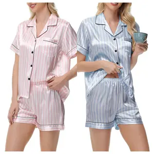 FEITAI Women's Striped Pajama Set: Short-Sleeve, Soft, Button-Down Loungewear — 2-Piece Satin Pajama Shorts Set