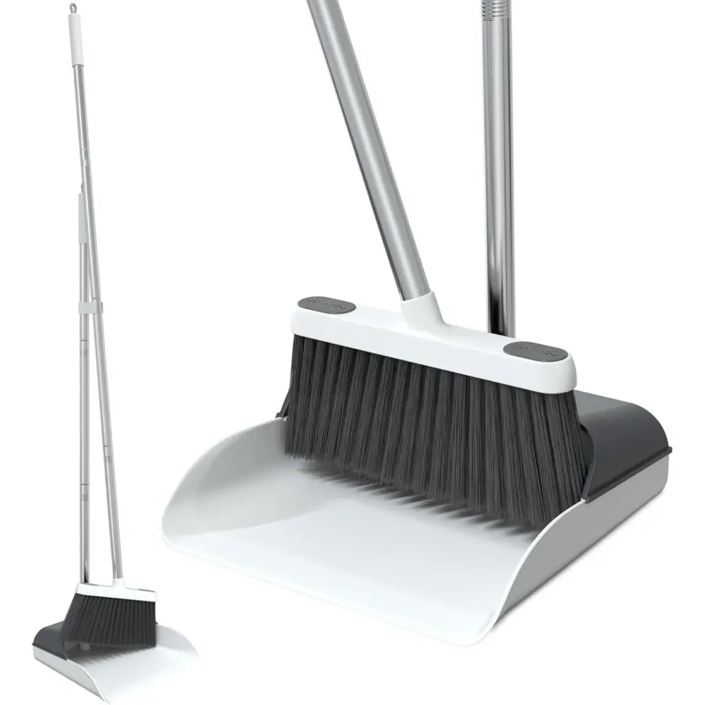 Stainless Steel Standing Broom and Dustpan Set with Comb Tool - Sturdy 50-in Long Handle 50" Broom, 20° Angled Brush for Adults, Seniors Home-Office Indoor Sweeping