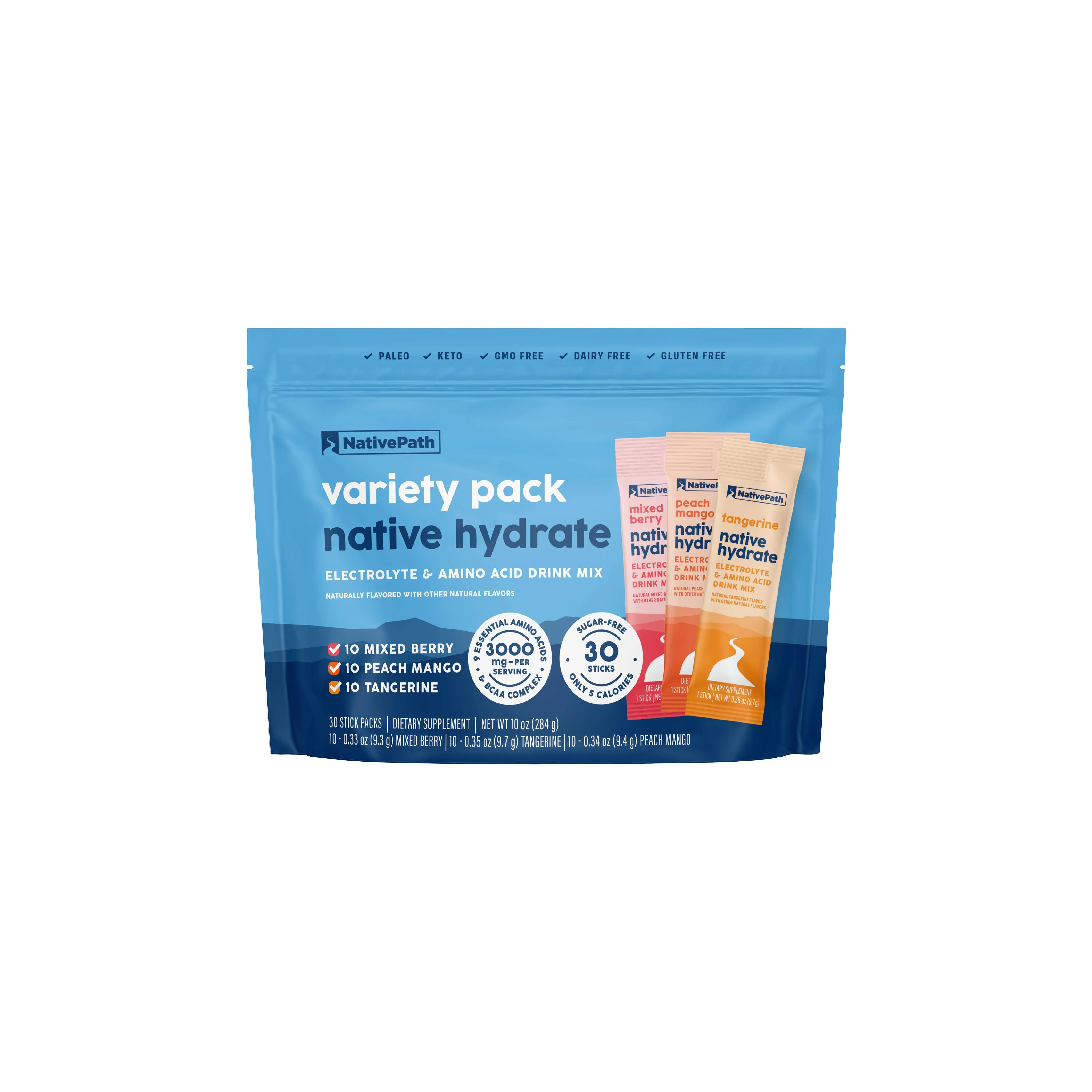 NativePath Hydrate Electrolyte Stick Packs Variety Pack – Zero Sugar Drink Mix with 2,000mg BCAAs, 14 Vitamins & Minerals – Mixed Berry, Peach Mango & Tangerine, 30 Packets