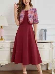 Celderio Women Retro Graphic Print Midi Dress Casual Wear Crew Neck Raglan Sleeve Fake Two Piece Dresses