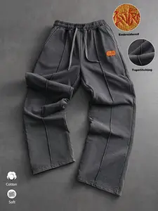 Men's Vintage Washed Cotton Jogger Pants, Oversized Embroidered Sweatpants with Drawstring Waist, Trendy Streetwear for Comfort & Style