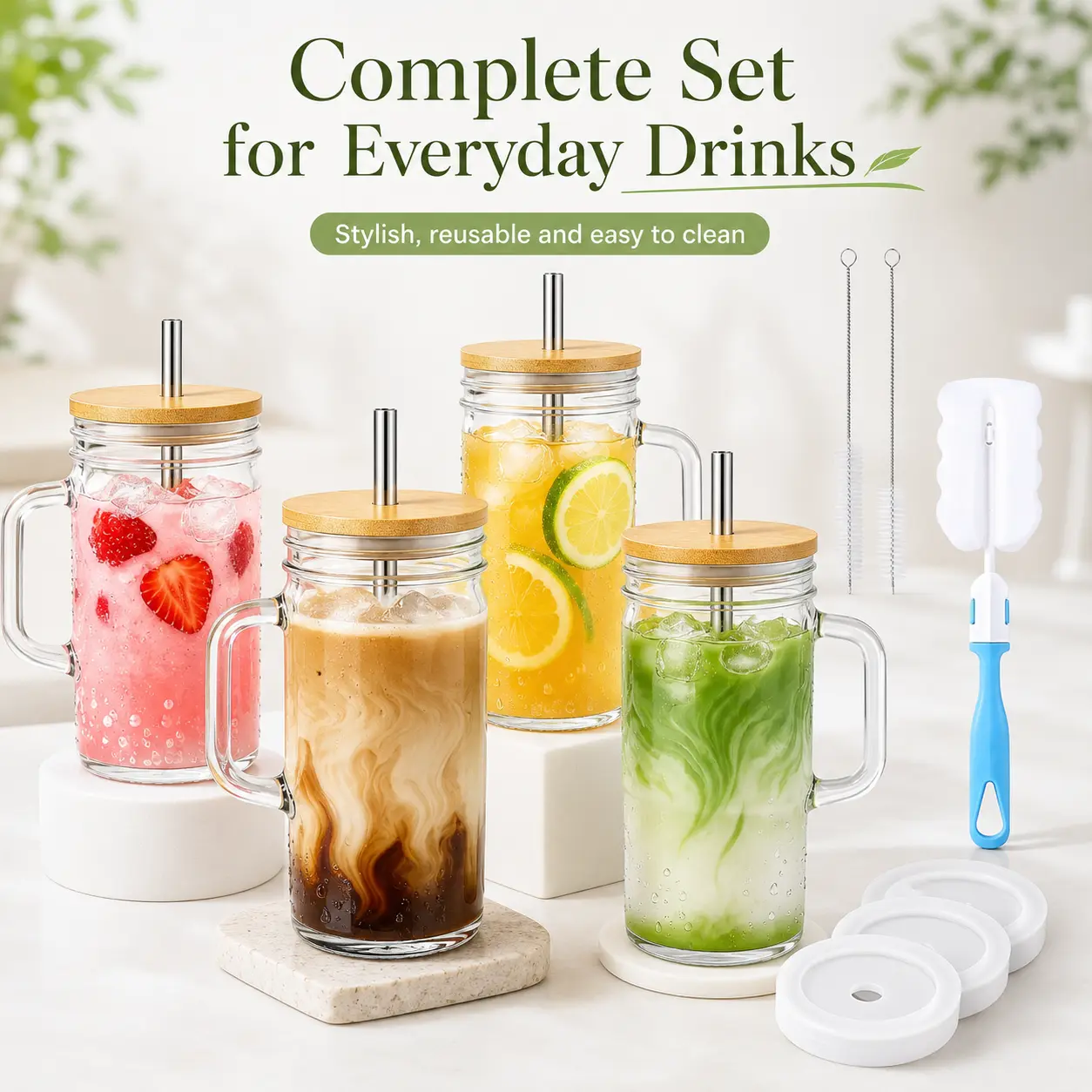 4-Pack 24 oz Glass Tumblers with Handles, Bamboo Lids & Stainless Steel Straws, Reusable Iced Coffee Cups for Boba, Smoothies and Cold Drinks