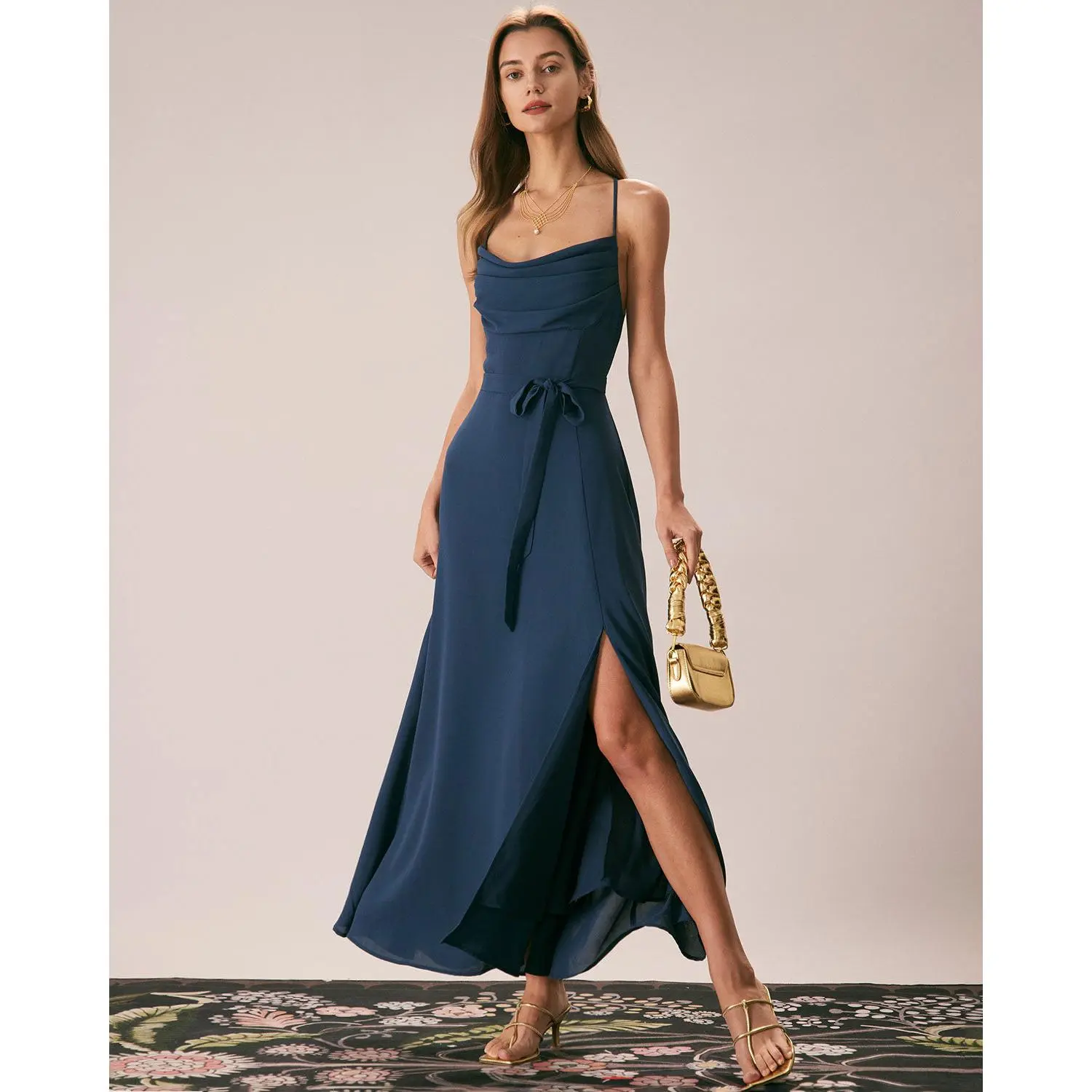 RIHOAS Women's Navy Polyester Slimfit Shaping Cowl-Neck Spaghetti-Strap Ruched Cutout-Back Sleeveless A-Line Maxi Dress - Elegant Fast-Drying Premium Fabric for Formal & Casual Wear