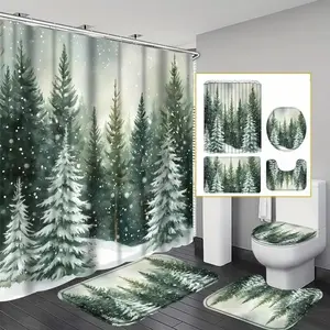 Christmas Style Snowy Forest Tree Scene Shower Curtain Set, Non-Slip Rug, U-Shaped Mat, Toilet Lid Cover, Bathroom Decoration Accessories, Perfect for Bathroom Decor