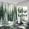 Christmas Style Snowy Forest Tree Scene Shower Curtain Set, Non-Slip Rug, U-Shaped Mat, Toilet Lid Cover, Bathroom Decoration Accessories, Perfect for Bathroom Decor, Decorative Shower Curtain, Shower Curtain Set With Rugs