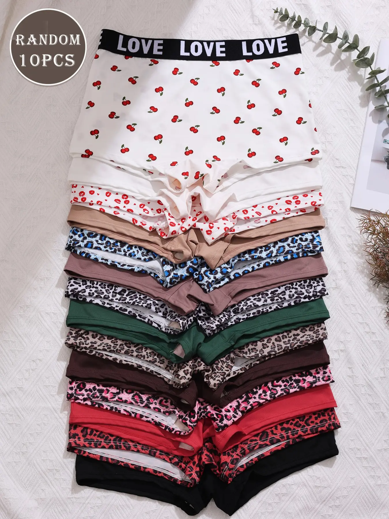 Women's Random Pattern Boyshorts (10pcs), Lip Cherry Leopard Pattern, Casual Fitted Underwear, Panties for All Seasons