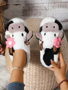 Women's Cute Cow Design Plush Slippers, Warm Bedroom Soft Slippers, Indoor Outdoor Silent Non-Slip Slippers, Comfortable Home Shoes, House Slippers,Christmas Gifts For GF