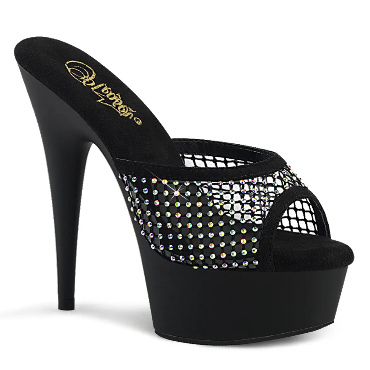 Pleaser Delight-601-6RM Women's Black Suede 6-inch Heel Rhinestone Platform Sandals, Elegant Heeled Shoes, Chunky Platform Footwear, Rhinestone Sandals, Black Suede/Black