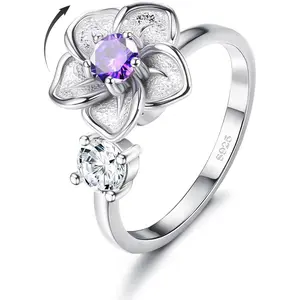 Adjustable 925 Sterling Silver Anxiety Ring for Women Birthstone Rings  Open Flower Rings Spin Rings Fidget Jewelry Aquamarine Zircon