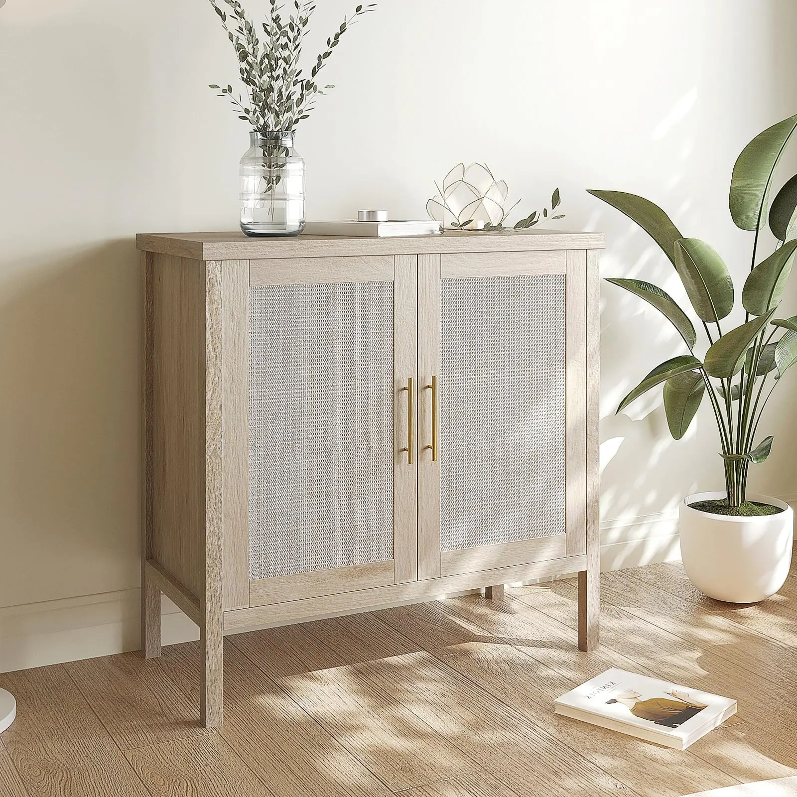 VOWNER Sturdy Rattan Buffet Cabinet - Modern Storage Cabinet, Cupboard Furniture for Small Spaces, Wood-Color Double-Door Dual-Storage Indoor Cupboard with Anti-Tip Kit, Home Decor for Kitchen, Corridor, 31.5" W x 15.75" D x 31.5" H, Natural