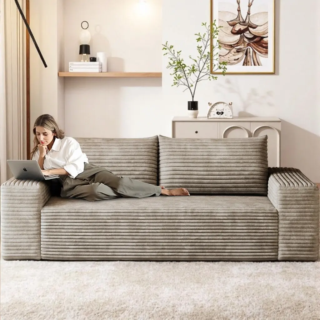 71" & 63" Cloud-Soft Corduroy Sleeper Sofa - Pre-Assembled Modern Minimalist Couch, Compression Loveseat with Extra-Wide Boneless Deep Seat & Wide Armrest for Living Room