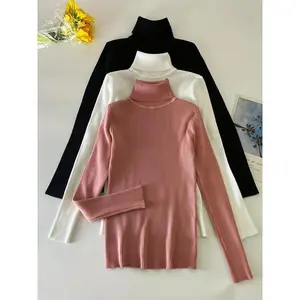 3-Pack Knitted Turtleneck Pullover Sweaters, Long Sleeve, Casual Solid Color for Autumn & Winter — Women’s Knitwear/Womenswear, Black, Khaki, Jujube Red, Minimalist Basic Top with Elastane Yarn