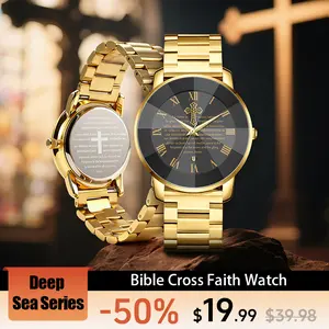 Men's and Women’s Watch with Bible Verse and Cross Design, Waterproof Stainless Steel Band, Business Casual Style, Gold Sapphire Crystal, Perfect Gift for Birthdays, Christmas, and Halloween Quartz Chronograph Rhinestone