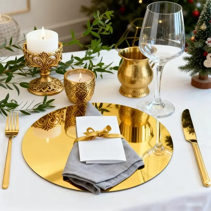 10pcs, 30cm golden circular acrylic mirror table mat, coasters, Round Coaster, Decorative Coaster, Coasters For Drinks, Coaster Set, wedding table decoration, party candle decoration, party decoration, DIY home decoration, home, office mirror decoration