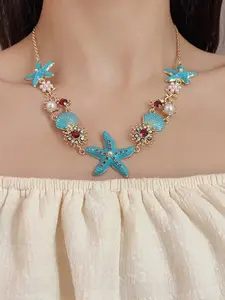 1 sweet and dreamy ocean starfish shell necklace bracelet, beach vacation style collarbone chain, perfect accessory for daily holiday wear