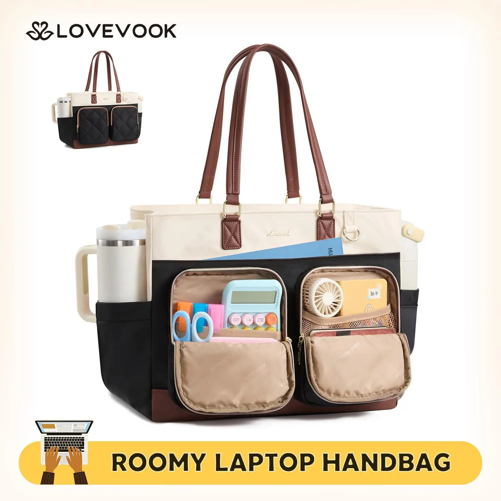 LOVEVOOK Laptop Tote Bag for Women, 15.6 Inch Computer Work Bag with 40oz Cup Holder and Multi-Pockets for Teacher,Nurse